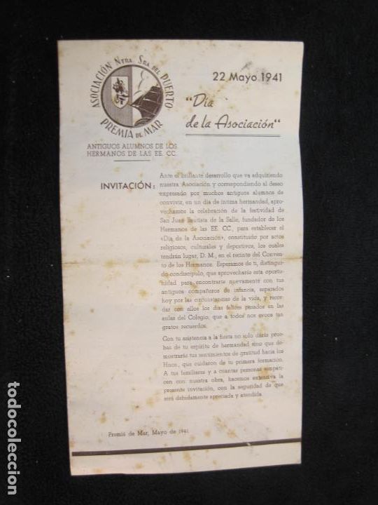 Outros artigos de papel: PREMIA DE MAR-ASOCIACION NTRA SRA DEL PUERTO-INVITACION-22 MAYO 1941-VER FOTOS-(K-1981)