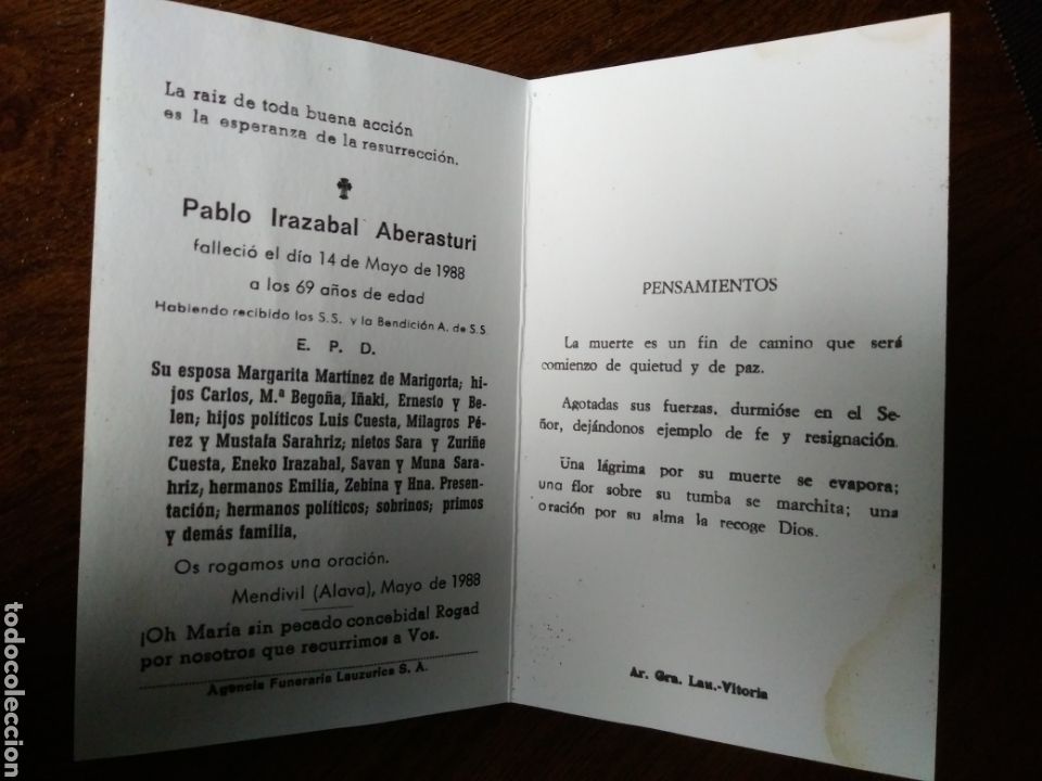 Otros Art&iacute;culos de Coleccionismo en Papel: Esquela obituario de Mendivil &Aacute;lava