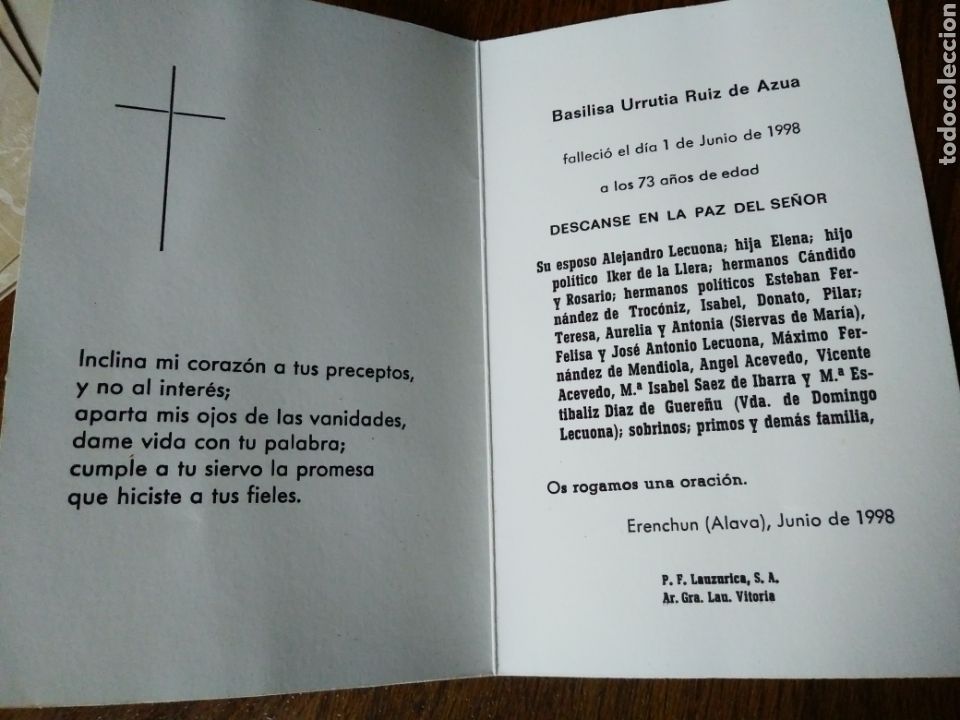 Otros Art&iacute;culos de Coleccionismo en Papel: Esquela obituario de Erenchun &Aacute;lava