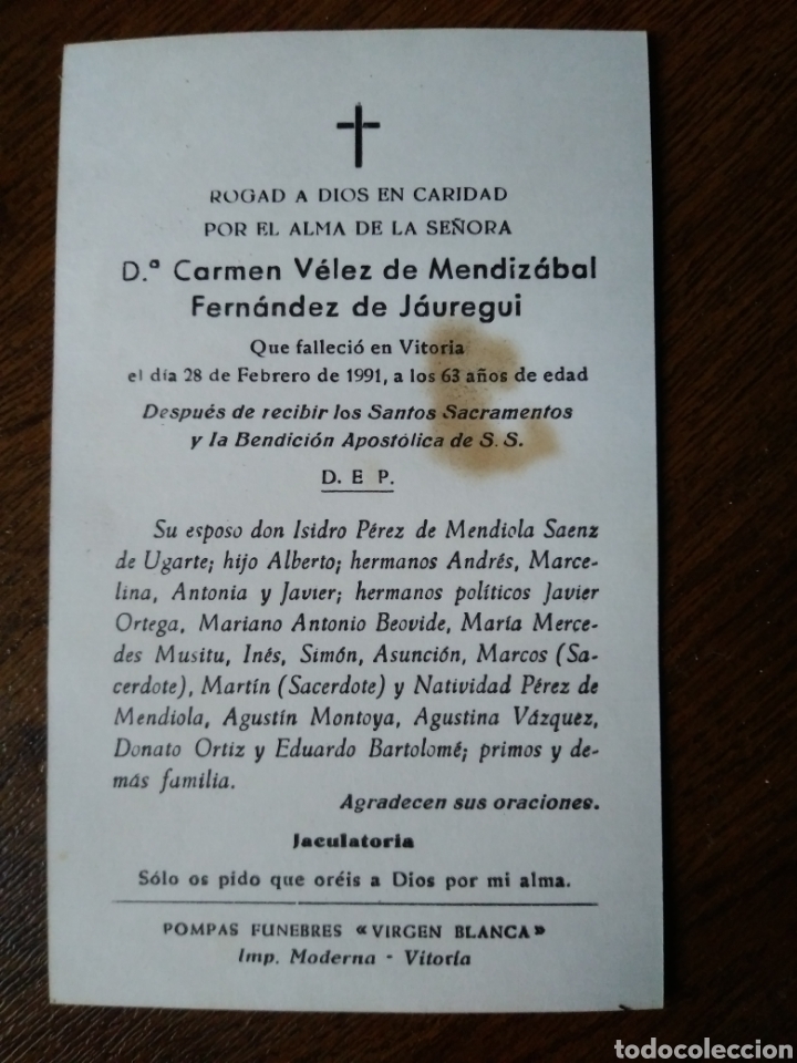 Otros Art&iacute;culos de Coleccionismo en Papel: Esquela obituario de Vitoria