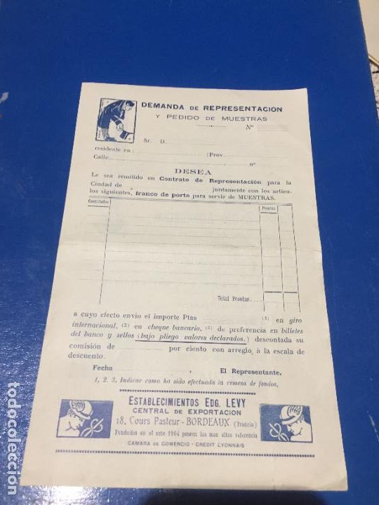 Sammelleidenschaft Andere Papierartikel: Antigua folleto / hoja de pedido establecimientos Edg. Levy central de exportacion Bordeaux
