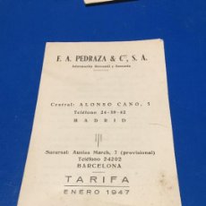 Otros Artículos de Coleccionismo en Papel: ANTIGUO FOLLETO/ PROPAGANDA F.A. PEDRAZA Y CIA S.A. TARIFA AÑO 1947. Lote 248094070
