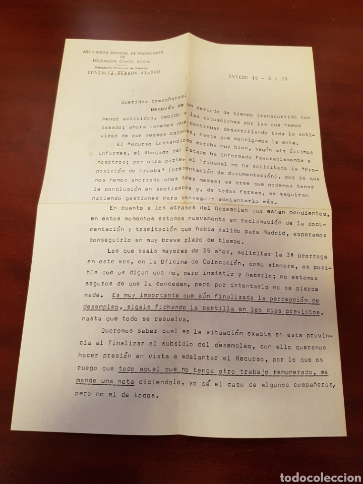 Otros art&iacute;culos de coleccionismo en papel: CARTA ASOCIACION SINDICAL DE PROFESORES ASTURIAS 1979