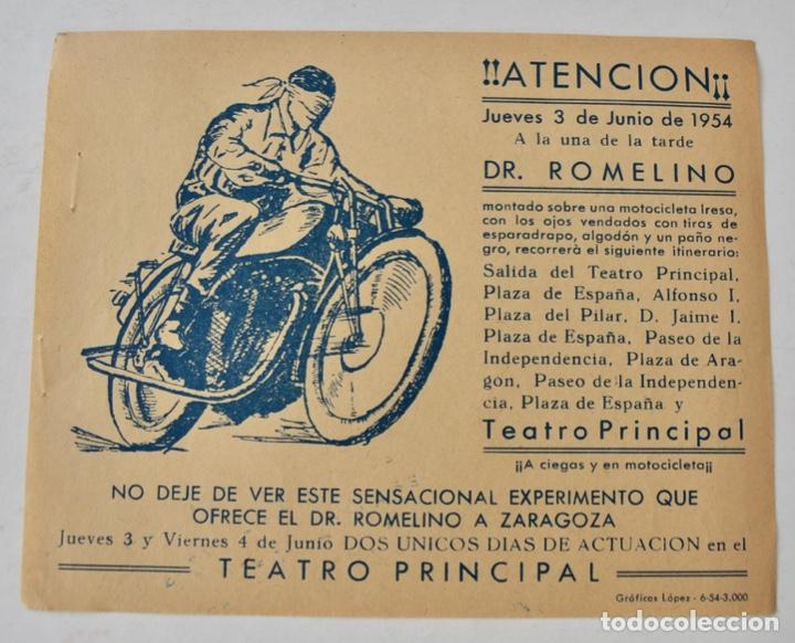 Otros Art&iacute;culos de Coleccionismo en Papel: Hoja Publicitaria. Espect&aacute;culo Riesgo. Dr. Romelino en Motocicleta. Teatro Principal. Zaragoza, 1954