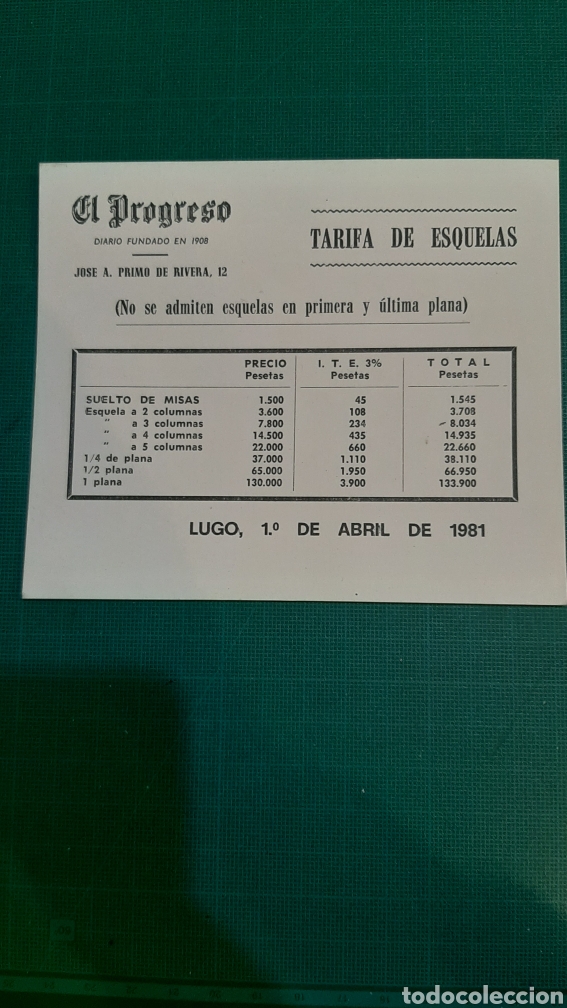 Sammelleidenschaft Andere Papierartikel: TARIFAS ESQUELAS EL PROGRESO LUGO 1981 LIBRERIA O ALMAC&Eacute;N DO COLISEVM COLECCIONISMO ANTIG&Uuml;EDADES