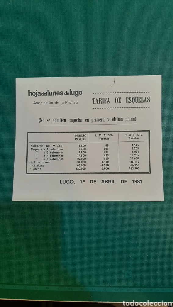 Sammelleidenschaft Andere Papierartikel: TARIFAS DE ESQUELAS HOJA DEL LUNES DE LUGO 1981 COLECCIONISMO COLISEVM ANTIG&Uuml;EDADES