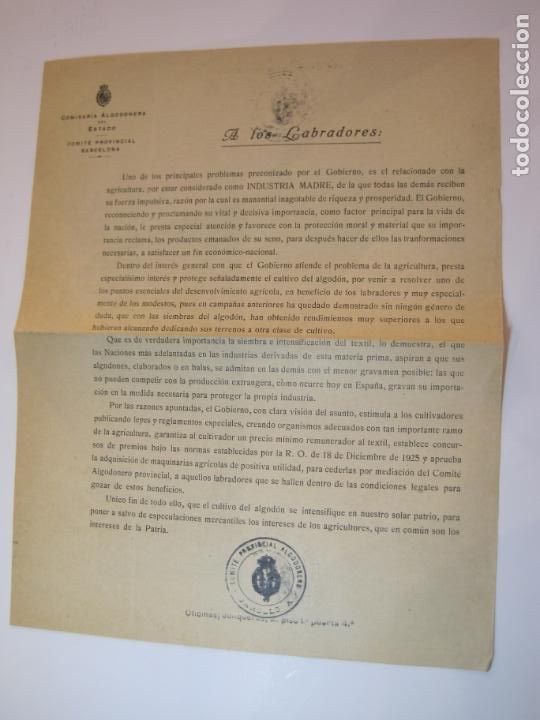 Collectionnisme Papier divers: BARCELONA-COMISARIA ALGODONERA DEL ESTADO-A LOS LABRADORES...-CON SELLO-A&Ntilde;OS 20-VER FOTOS-(K-2410)