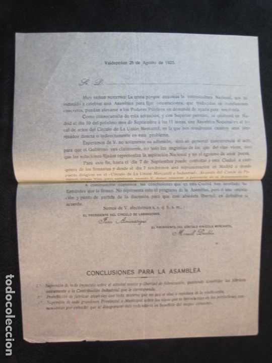 Collectionnisme Papier divers: VALDEPE&Ntilde;AS-CIRCULO VINICOLA MERCANTIL-ANUNCIO DE ASAMBLEA-AGOSTO DE 1925-VER FOTOS-(K-2419)