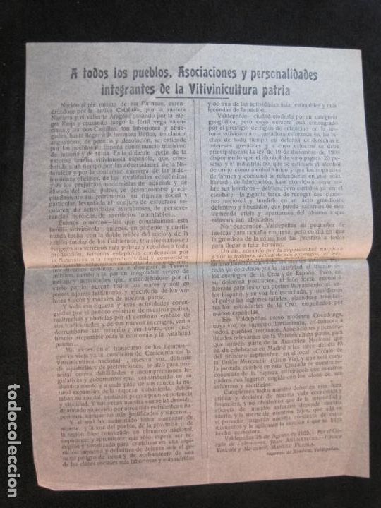 Collectionnisme Papier divers: VALDEPE&Ntilde;AS-A TODOS LOS PUEBLOS, ASOCIACIONES... DE LA VITIVINICULTURA-AGOSTO 1925-VER FOTOS-(K-2420)