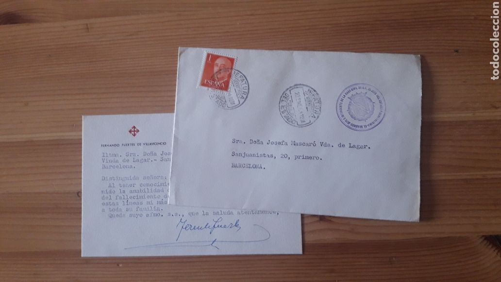 Otros Art&iacute;culos de Coleccionismo en Papel: Carta condolencia Fuertes de Villavicencio a Vda TC Lagar Arroyo sello Casa Civil Jefe Estado Franco