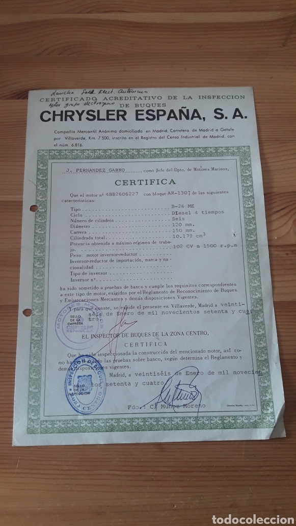 Otros Art&iacute;culos de Coleccionismo en Papel: Certificado Chrysler Espa&ntilde;a SA Inspecci&oacute;n buques Villaverde Madrid 1974