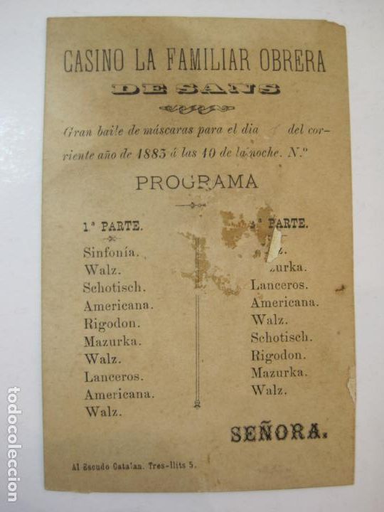 Collectionnisme Papier divers: BARCELONA-CASINO LA FAMILIA OBRERA DE SANS-PROGRAMA-A&Ntilde;O 1883-VER FOTOS-(80.021)