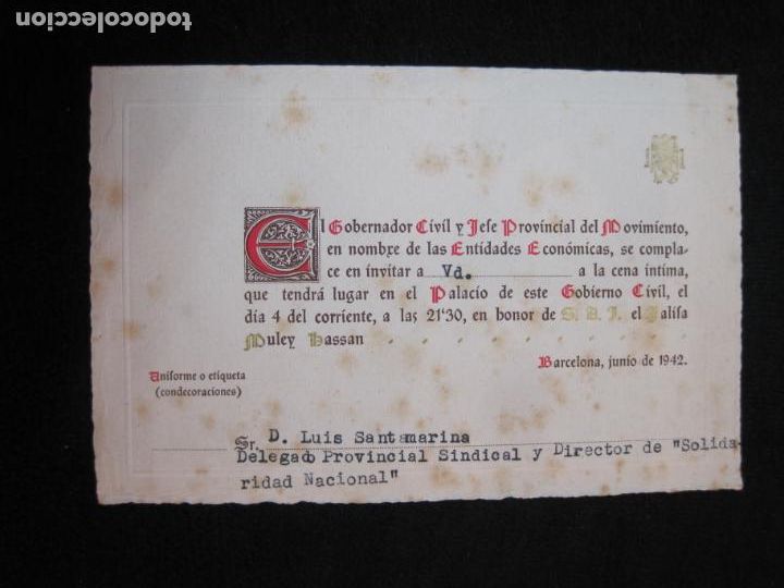 Otros art&iacute;culos de coleccionismo en papel: BARCELONA-GOBERNADOR CIVIL-INVITACION CENA EN HONOR JALIFA MULEY HASSAN-A&Ntilde;O 1942-VER FOTOS-(K-2695)