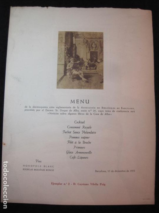 Otros Art&iacute;culos de Coleccionismo en Papel: BARCELONA-ASOCIACION BIBLIOFILOS-A&Ntilde;O 1952-MENU ANTIGUO-SEIX & BARRAL-VER FOTOS-(V-22.730)