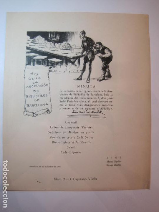 Otros Art&iacute;culos de Coleccionismo en Papel: BARCELONA-ASOCIACION BIBLIOFILOS-A&Ntilde;O 1947-QUIJOTE-MENU ANTIGUO-SEIX & BARRAL-VER FOTOS-(V-22.731)