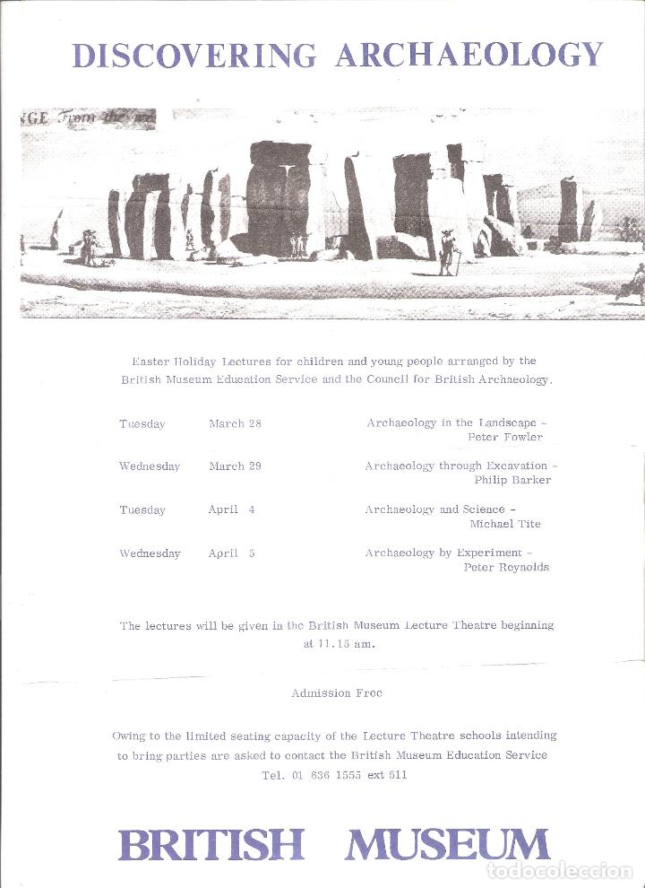 Otros Art&iacute;culos de Coleccionismo en Papel: Discovering Archaeology. British Museum. Hoja informativa.Ciclo Conferencias. Londres.1978