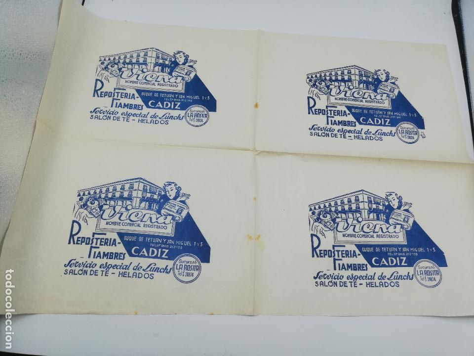 Sammelleidenschaft Andere Papierartikel: PLIEGO DE PAPEL DE ENVOLVER. VIENA. RESPOSTERIA FIAMBRES. SUCURSAL LA ROSITA. CADIZ.