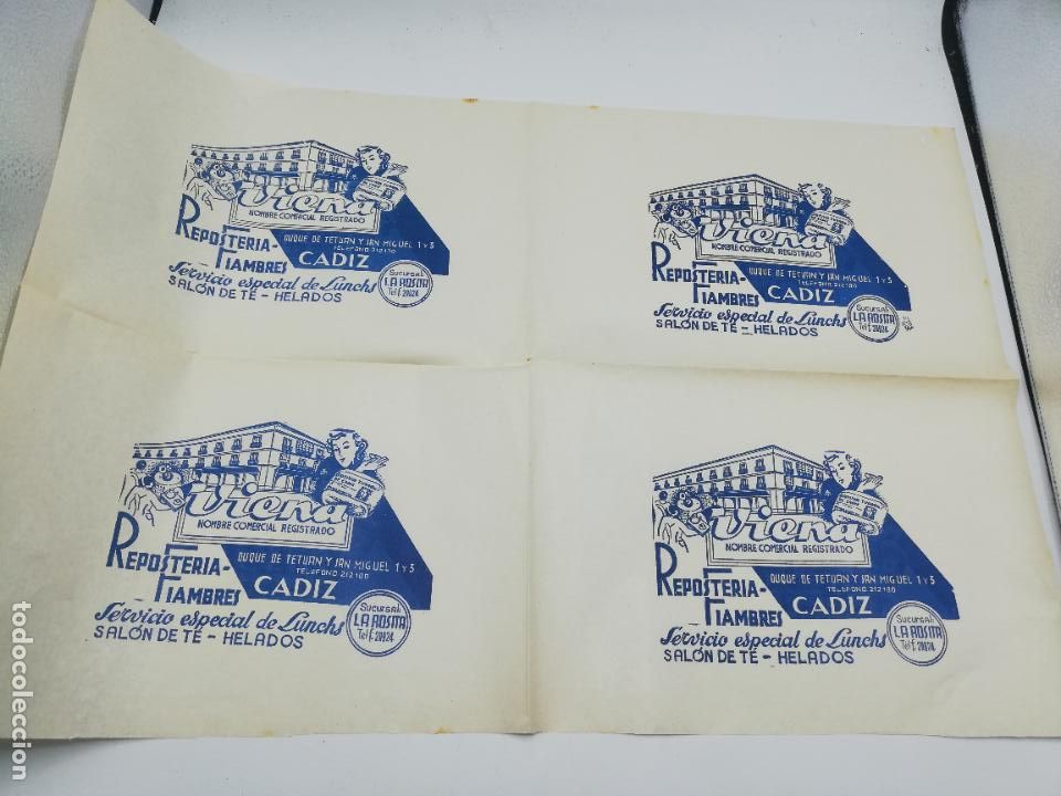 Sammelleidenschaft Andere Papierartikel: PLIEGO DE PAPEL DE ENVOLVER. VIENA. RESPOSTERIA FIAMBRES. SUCURSAL LA ROSITA. CADIZ.