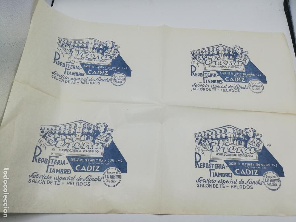 Sammelleidenschaft Andere Papierartikel: PLIEGO DE PAPEL DE ENVOLVER. VIENA. RESPOSTERIA FIAMBRES. SUCURSAL LA ROSITA. CADIZ.