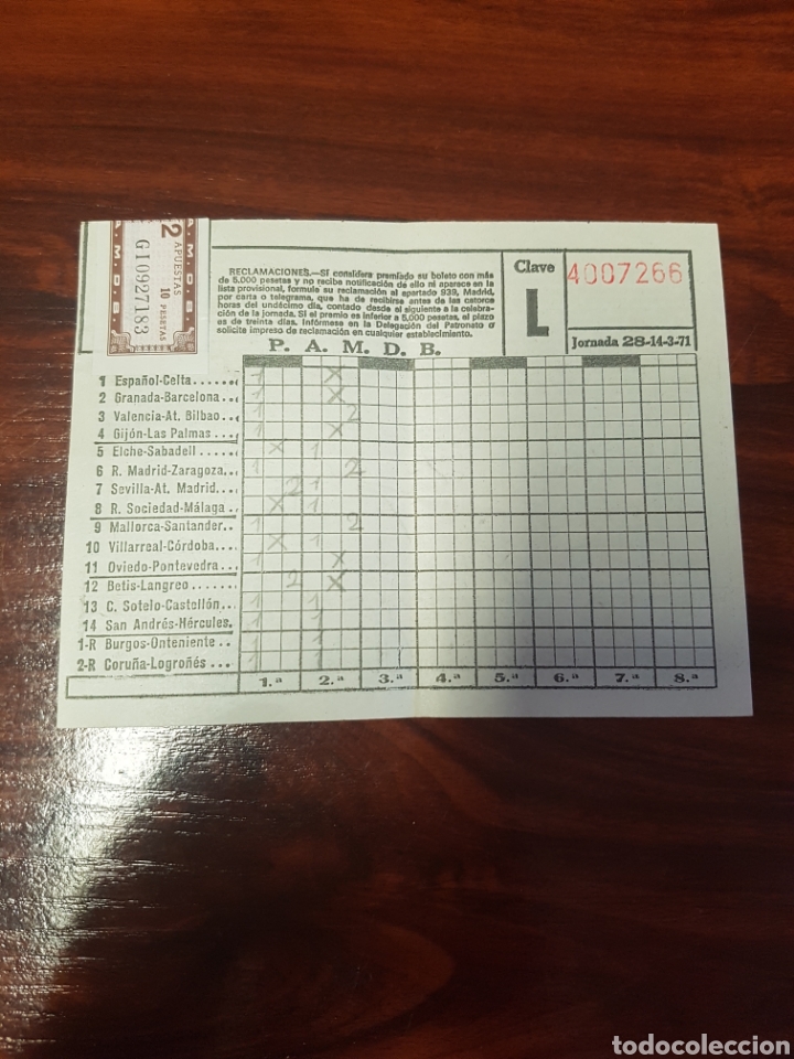 Otros Art&iacute;culos de Coleccionismo en Papel: QUINIELA F&Uacute;TBOL JORNADA 28 14/03/1971