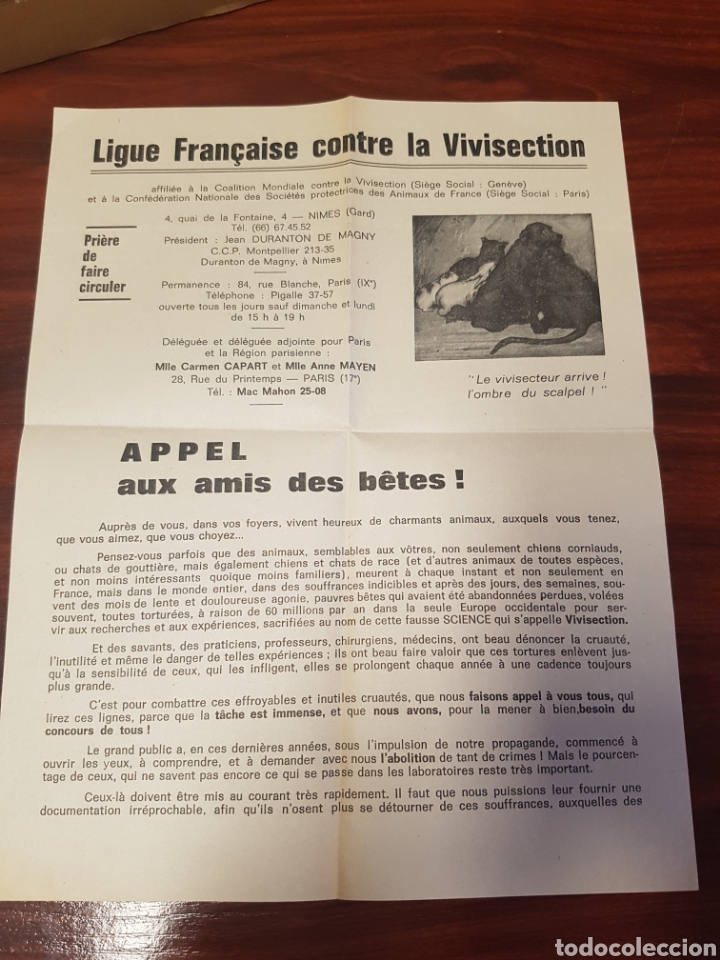 Otros art&iacute;culos de coleccionismo en papel: PASQU&Iacute;N LIGUE FRAN&Ccedil;AISE CONTRE LE VIVISECTION
