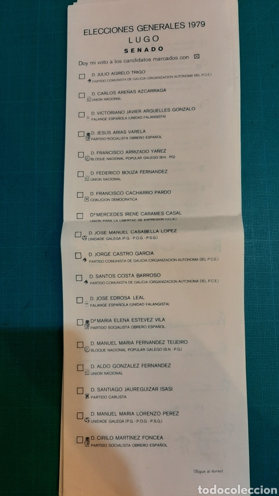 Collectionnisme Papier divers: ELECCIONES GENERALES 1979 LUGO SENADO PAPELETA