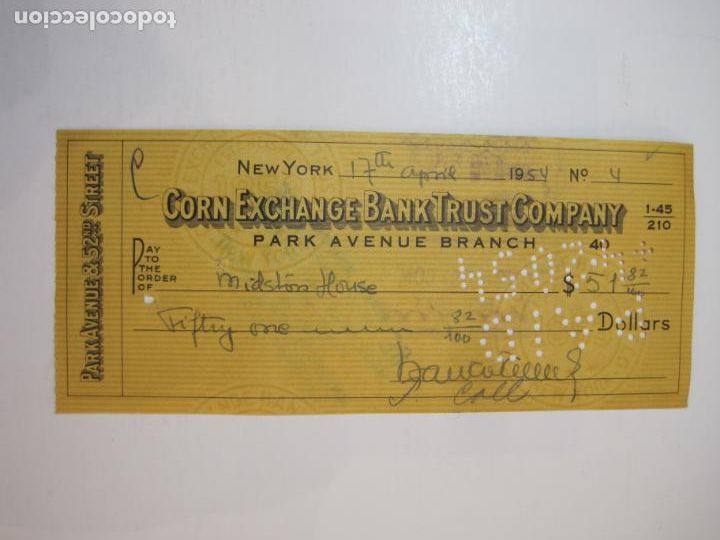 Otros art&iacute;culos de coleccionismo en papel: NEW YORK-CORN EXCHANGE BANK TRUST COMPANY-CHEQUE DOLARES-A&Ntilde;O 1954-VER FOTOS-(K-2971)