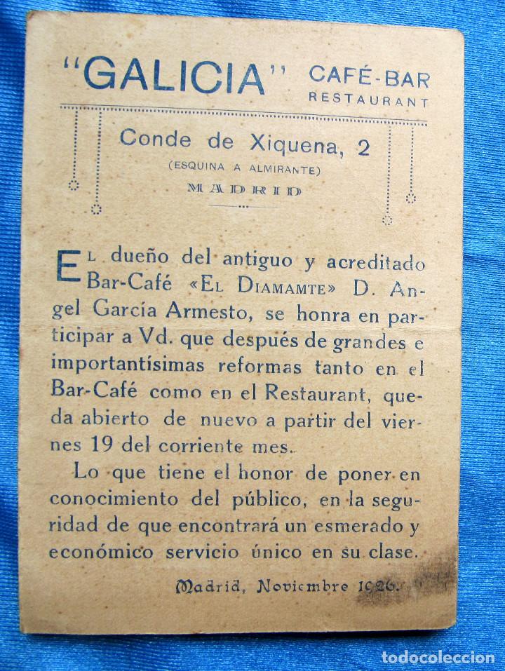 Otros art&iacute;culos de coleccionismo en papel: TARJETA CAF&Eacute; BAR RESTAURANT GALICIA. CONDE DE XIQUENA, 2. MADRID, 1926.
