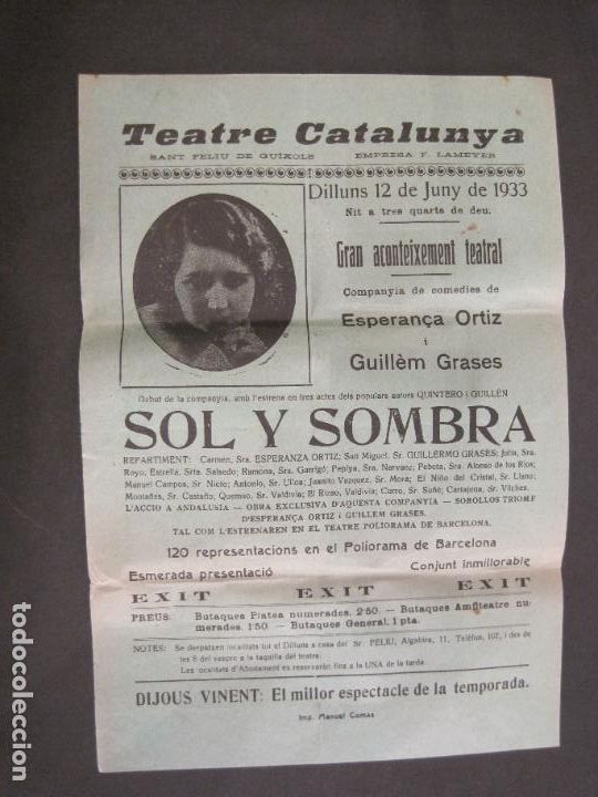 Paper Collecting Others: SANT FELIU GUIXOLS-TEATRE CATALUNYA-SOL Y SOMBRA-ESPERAN&Ccedil;A ORTIZ-ANY 1933-PROGRAMA-VER FOTOS(K-3108)