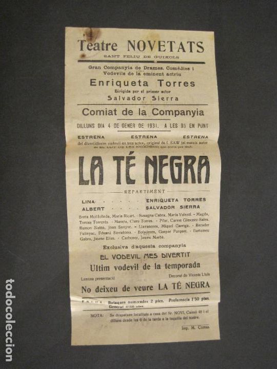 Paper Collecting Others: SANT FELIU DE GUIXOLS-TEATRE NOVETATS-LA TE NEGRA-ANY 1931-ENRIQUETA TORRES-PROGRAMA-(K-3109)
