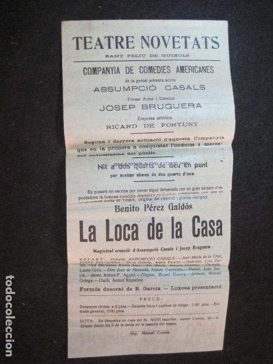 Paper Collecting Others: SANT FELIU DE GUIXOLS-TEATRE NOVETATS-LA LOCA DE LA CASA-ASSUMPCIO CASALS-ANY 1931-PROGRAMA-(K-3112)
