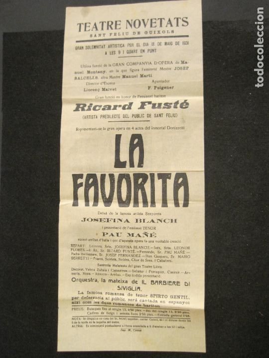 Sammelleidenschaft Andere Papierartikel: SANT FELIU DE GUIXOLS-TEATRE NOVETATS-LA FAVORITA-RICARD FUSTE-PROGRAMA ANY 1931-(K-3116)