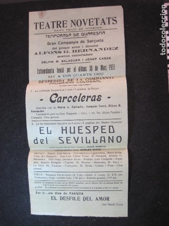 Otros art&iacute;culos de coleccionismo en papel: SANT FELIU DE GUIXOLS-TEATRE NOVETATS-CARCELERAS-LA HUESPED DEL SEVILLANO-PROGRAMA ANY 1931-(K-3117)