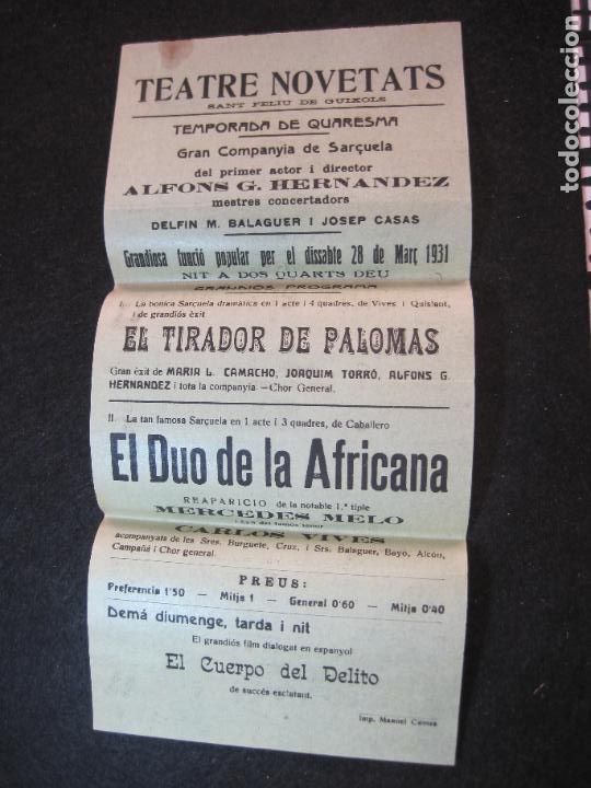 Outros artigos de papel: SANT FELIU DE GUIXOLS-TEATRE NOVETATS-TIRADOR DE PALOMAS-DUO LA AFRICANA-PROGRAMA ANY 1931-(K-3118)