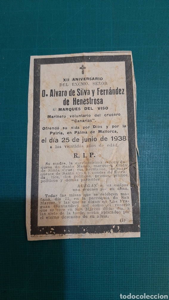 Collectionnisme Papier divers: 1936 ESQUELA M&Aacute;RQUEZ DEL VISO PALMA MALLORCA