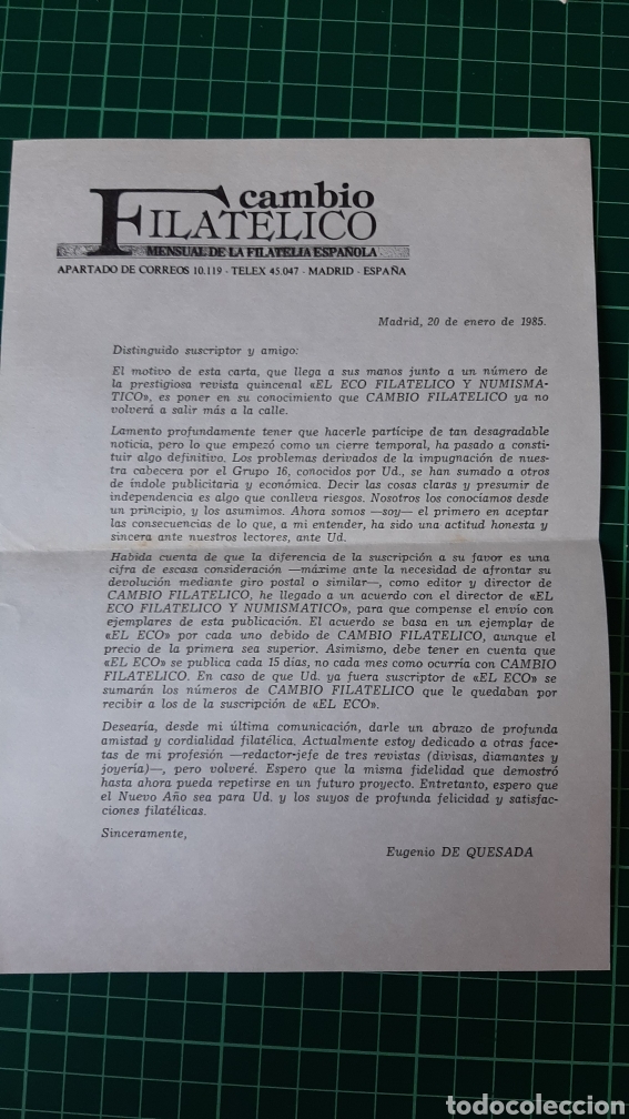 Sammelleidenschaft Andere Papierartikel: 1985 carta Cambio filat&eacute;lico mensual FILATELIA espa&ntilde;ola