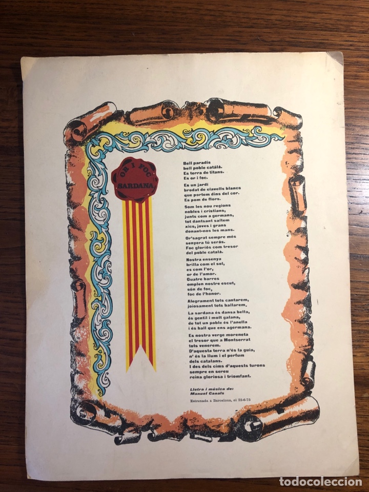 Otros art&iacute;culos de coleccionismo en papel: DIPLOMA OR I FOC SARDANA 1975 LLETRA M&Uacute;SICA MANUEL CANALS