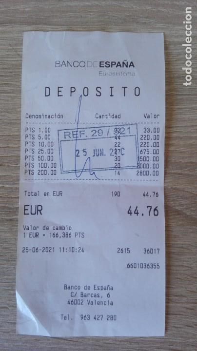 Collectionnisme Papier divers: DEP&Oacute;SITO BANCO DE ESPA&Ntilde;A (VAL&Egrave;NCIA)-CAMBIO PESETAS A EUROS-RECIENTE-A&Ntilde;O 2021.