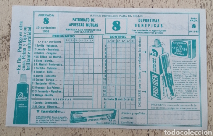Otros Art&iacute;culos de Coleccionismo en Papel: Quiniela f&uacute;tbol, jornada 8, 10 noviembre 1963