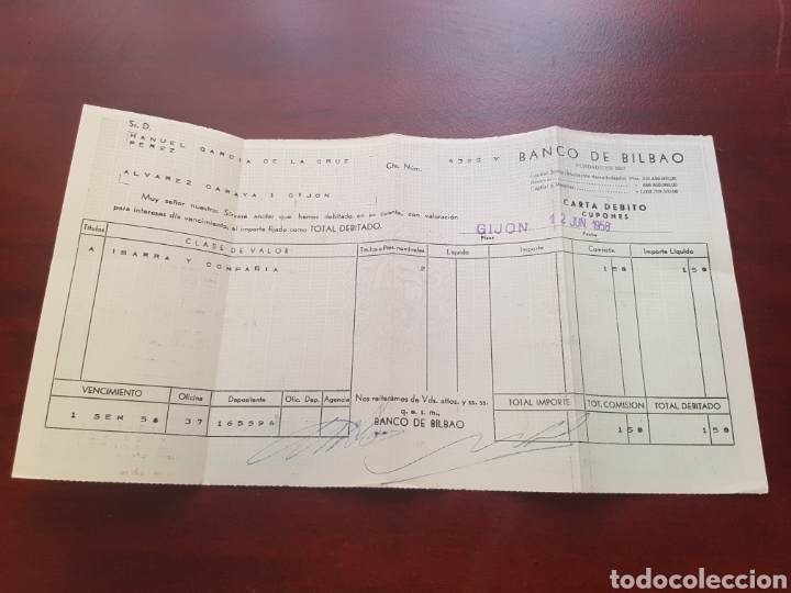 Otros art&iacute;culos de coleccionismo en papel: CARTA DEBITO BANCO BILBAO 1958