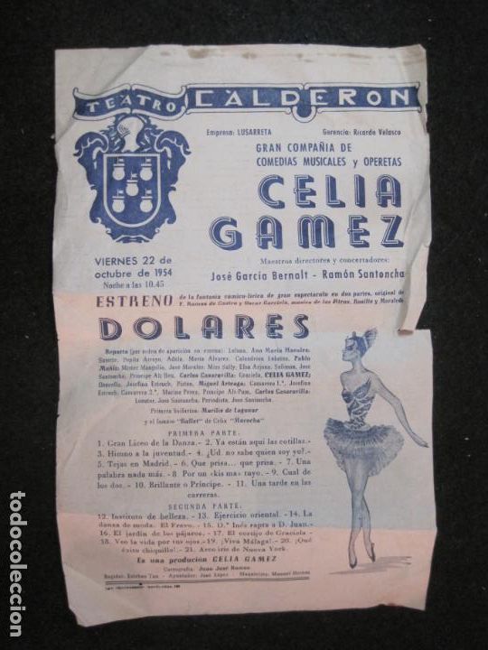 Otros art&iacute;culos de coleccionismo en papel: TEATRO CALDERON-CELIA GAMEZ-DOLARES-PROGRAMA OCTUBRE 1954-VER FOTOS-(K-3711)