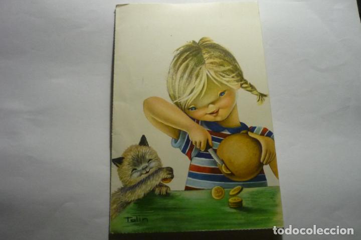 Otros Art&iacute;culos de Coleccionismo en Papel: felicitacion navidad doble y troquelada interior.-dibujo tolin. ni&ntilde;a con hucha -escrita cm