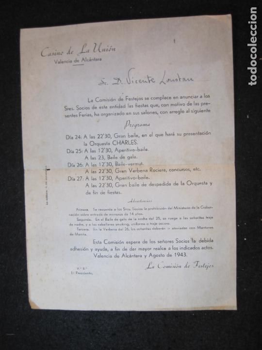 Collectionnisme Papier divers: VALENCIA DE ALCANTARA-CASINO DE LA UNION-COMISION DE FESTEJOS-PROGRAMA A&Ntilde;O 1943-VER FOTOS-(K-4036)