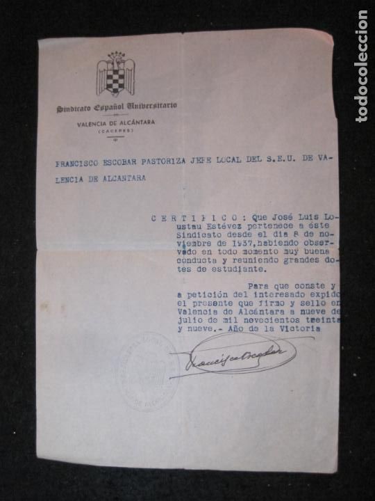 Collectionnisme Papier divers: VALENCIA DE ALCANTARA-SINDICATO ESPA&Ntilde;OL UNIVERSITARIO-FIRMADO JEFE LOCAL SEU-VER FOTOS-(83.338)