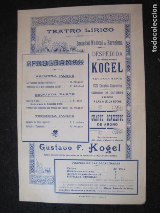 Sammelleidenschaft Andere Papierartikel: TEATRO LIRICO-SOCIEDAD MUSICAL DE BARCELONA-28 OCTUBRE A&Ntilde;O 1899-PROGRAMA ANTIGUO-VER FOTOS-(K-4049)