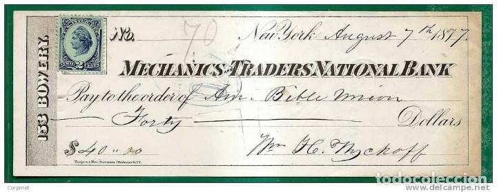Otros Art&iacute;culos de Coleccionismo en Papel: USA - CHEQUE DE 1877 con SELLO FISCAL del MECHANICS TRADERS NATIONAL BANK - NEW YORK check