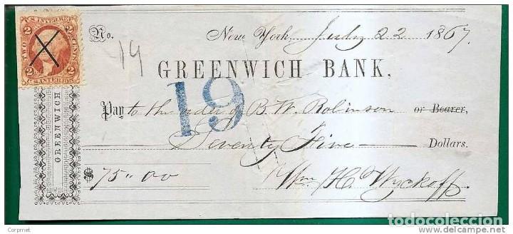 Otros Art&iacute;culos de Coleccionismo en Papel: USA - 1869 CHEQUE del GREENWICH BANK con sello fiscal