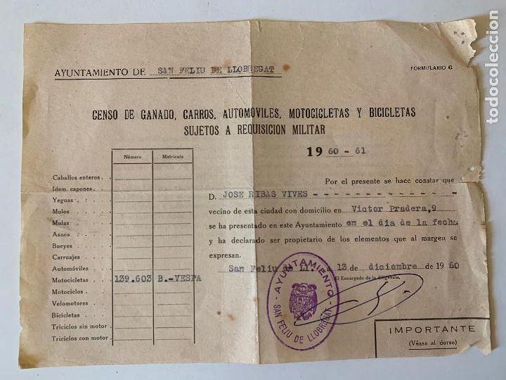 Otros Art&iacute;culos de Coleccionismo en Papel: ANTIGUO CENSO DE GANADO, CARROS, AUTOMOVILES, MOTOCICLETAS Y BICICLETAS , MOTO VESPA, 1960