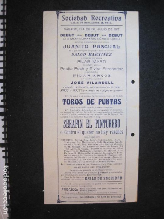 Sammelleidenschaft Andere Papierartikel: BARCELONA-SOCIEDAD RECREATIVA CALLE DE MERCADERS-PROGRAMA A&Ntilde;O 1917-VER FOTOS-(K-4132)