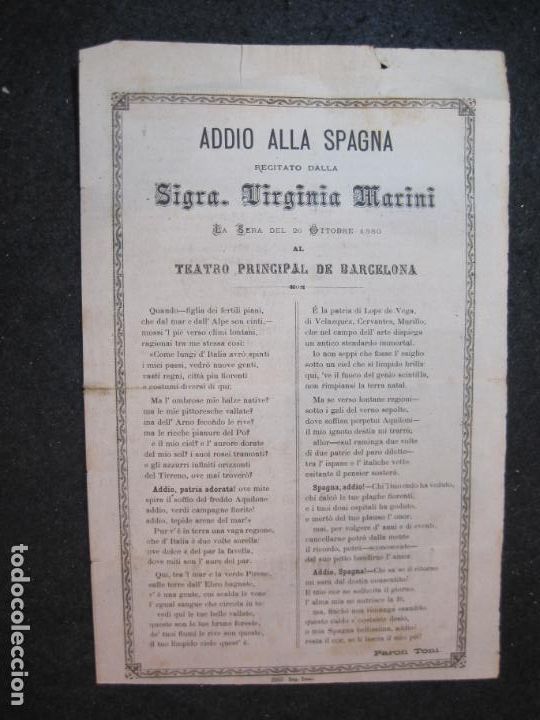 Sammelleidenschaft Andere Papierartikel: TEATRO PRINCIPAL DE BARCELONA-ADDIO ALLA SPAGNA-VIRGINA MARINI-A&Ntilde;O 1880-VER FOTOS-(K-4186)